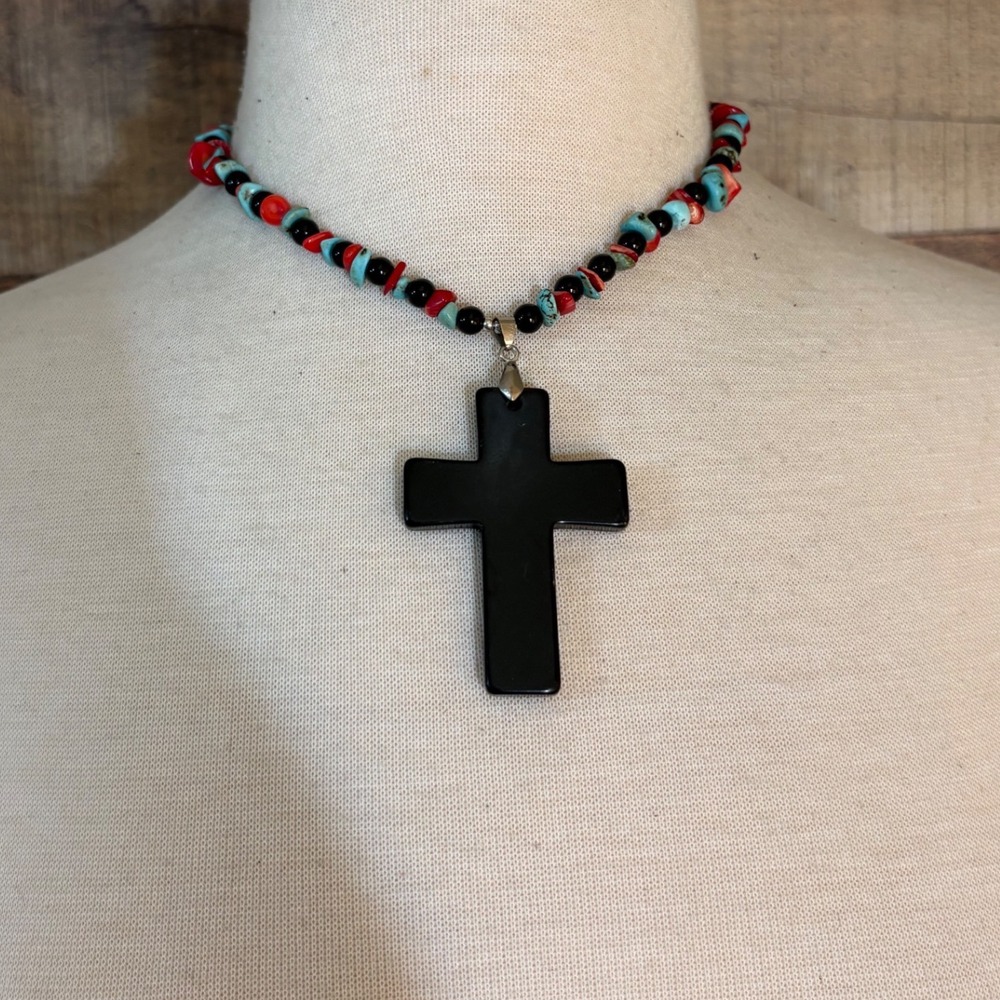 Southwestern Black Cross Beaded Necklace Red Turquoise Chip Stone